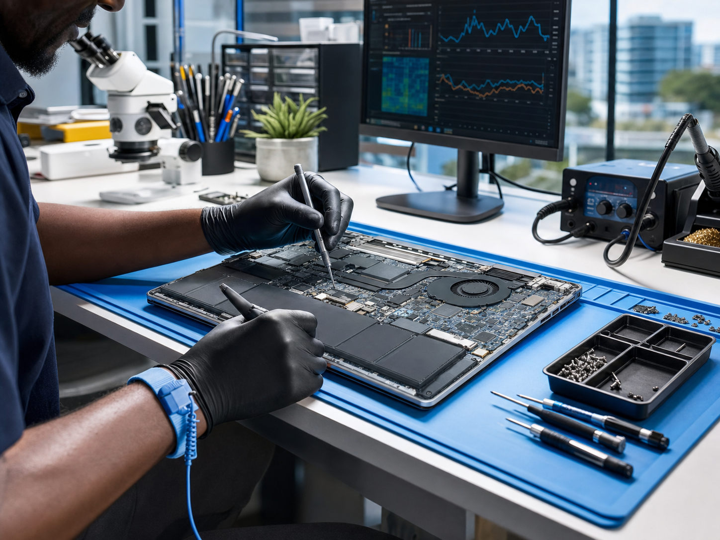 Technician repairing a laptop in Midrand